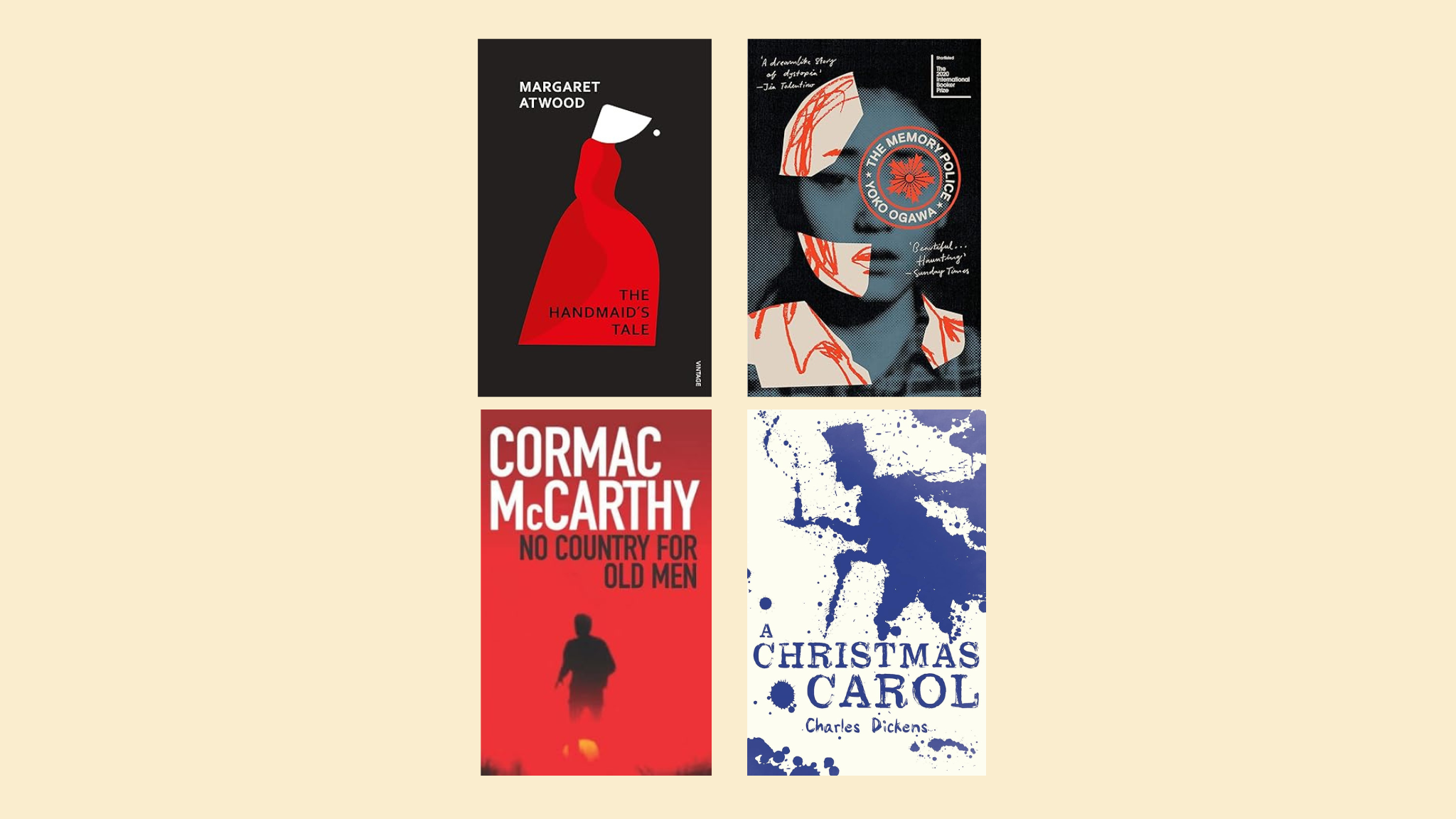 Covers of Handmaid’s Tale, The Memory Police, No Country for Old Men and A Christmas Carol