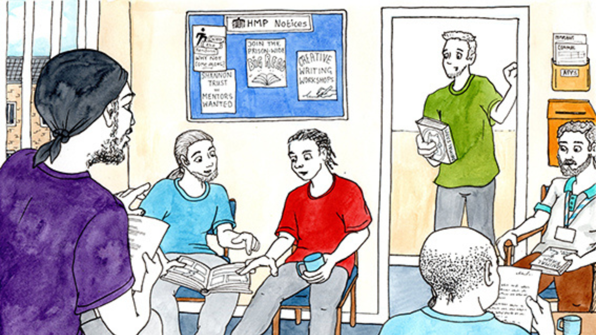 Illustration of six men in a prison reading group