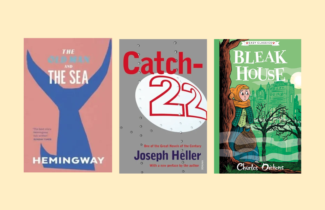 Covers of The Old Man and the Sea, Catch-22, Bleak House